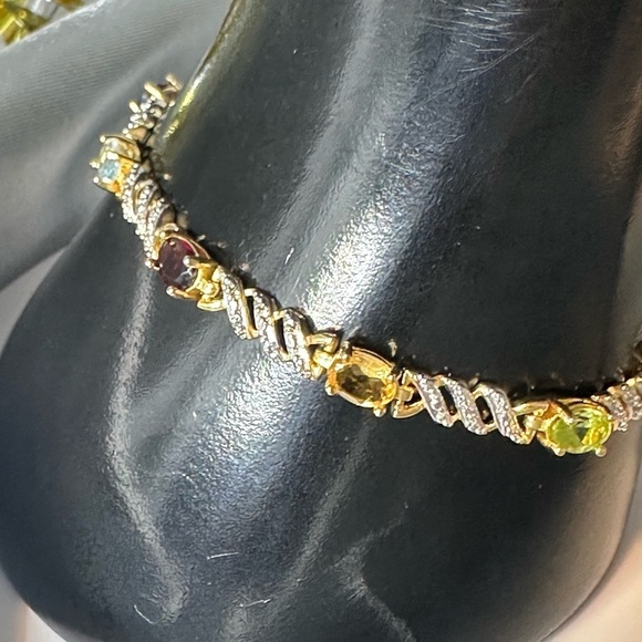 925 Sterling Silver Two-Tone Multi-Gemstone Hinged Bangle Bracelet - Picture 7 of 17